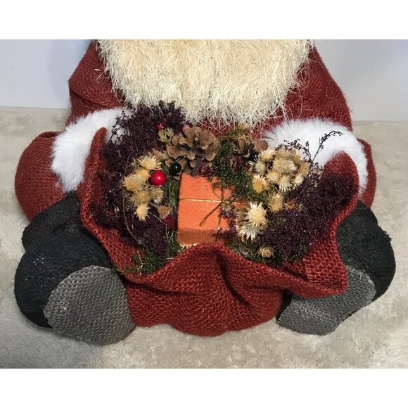 Vintage Styrofoam Rustic Santa Claus Figurine Faux Floral Basket & Jute Coat 16" - Picture 3 of 13